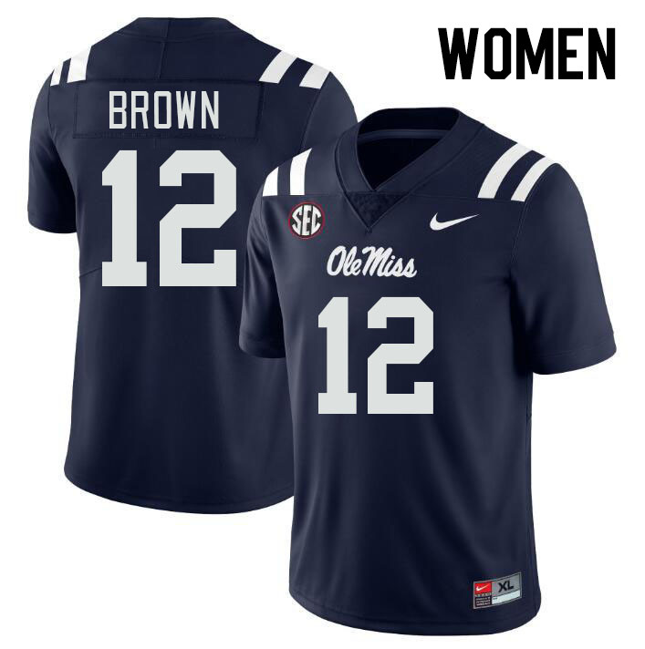 Women #12 Bralon Brown Ole Miss Rebels College Football Jerseyes Stitched Sale-Navy